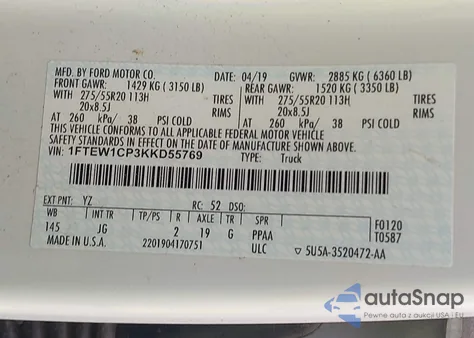 2019 Ford F-150 Xl из США, поврежденный, VIN 1FTEW1CP3KKD55769